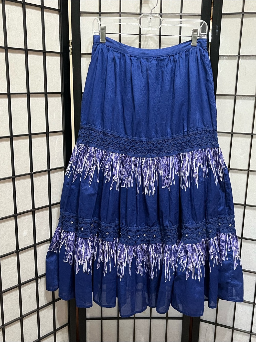 Reba Royal Blue Tiered Maxi Skirt with Fringe Accents PRINT, WOMEN SIZE 8